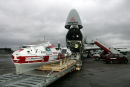 Transatlantic rowing boat being loaded onto a cargo plane at Glasgow Prestwick Airport