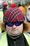 A Harley Davidson Biker with tartan helmet at Burns Festival Harley ride out
