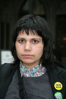 Maya Evans in the rain out side the Courts of Justice